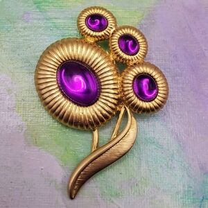Large Cabachon Brooch Retro Matte Gold Flower Fuschia Pink Glass